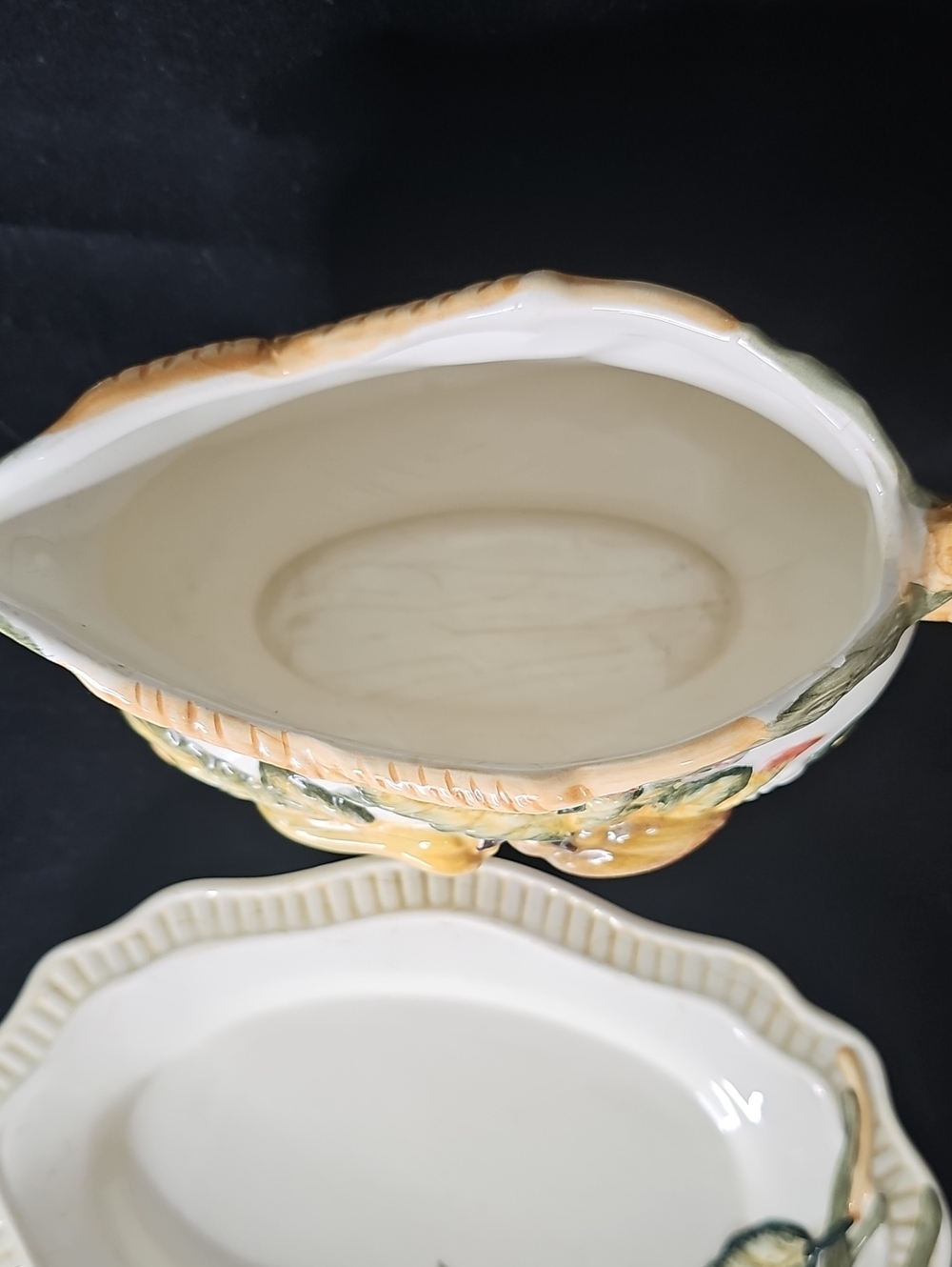 Vintage Bella Casa Fruit Ceramic Gravy Boat with Underplate Yellow & Red Accents - Picture 3 of 7